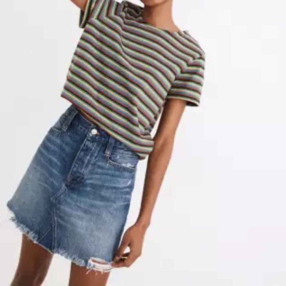 Rigid Denim Straight Mini Skirt: Destructed Edition